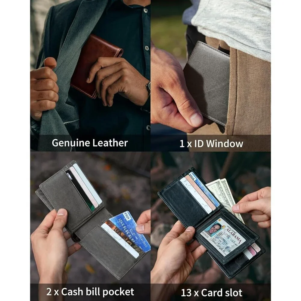 Men's Classic Holders Bifold Wallet Card Blue Genuine Leather 2 Cash Pockets